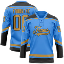 Load image into Gallery viewer, Custom Electric Blue Old Gold-Black Hockey Lace Neck Jersey
