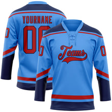 Load image into Gallery viewer, Custom Electric Blue Red-Navy Hockey Lace Neck Jersey
