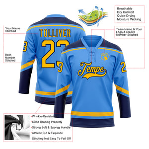 Custom Electric Blue Gold-Navy Hockey Lace Neck Jersey