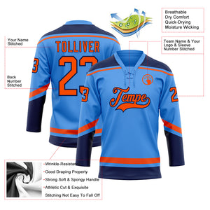 Custom Electric Blue Orange-Navy Hockey Lace Neck Jersey