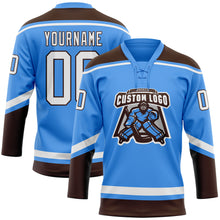 Load image into Gallery viewer, Custom Electric Blue White-Brown Hockey Lace Neck Jersey
