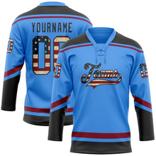 Load image into Gallery viewer, Custom Powder Blue Vintage USA Flag Black-Maroon Hockey Lace Neck Jersey
