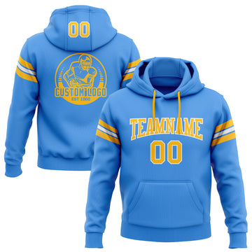 Custom Stitched Electric Blue Gold-White Football Pullover Sweatshirt Hoodie