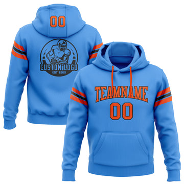 Custom Stitched Electric Blue Orange-Black Football Pullover Sweatshirt Hoodie