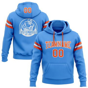 Custom Stitched Electric Blue Orange-White Football Pullover Sweatshirt Hoodie