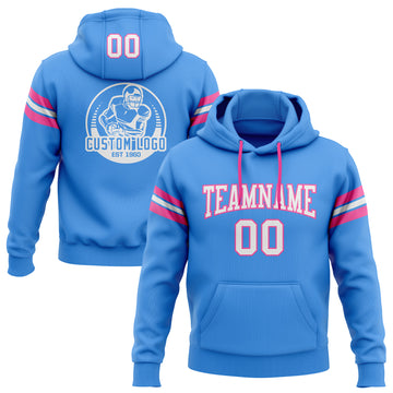 Custom Stitched Electric Blue White-Pink Football Pullover Sweatshirt Hoodie