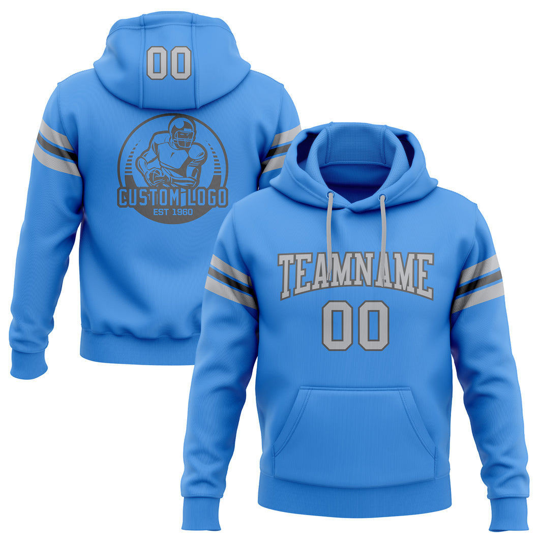 Custom Stitched Electric Blue Gray-Steel Gray Football Pullover Sweatshirt Hoodie