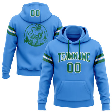 Custom Stitched Electric Blue Kelly Green-White Football Pullover Sweatshirt Hoodie