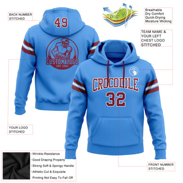 Custom Stitched Electric Blue Crimson-White Football Pullover Sweatshirt Hoodie