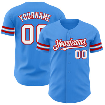 Custom Electric Blue White-Red Authentic Baseball Jersey