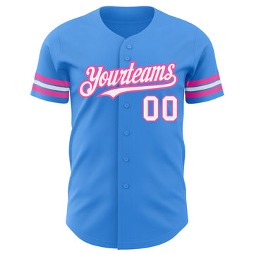 Custom Electric Blue White-Pink Authentic Baseball Jersey