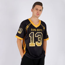 Load image into Gallery viewer, Custom Black Gold-White Mesh Drift Fashion Football Jersey
