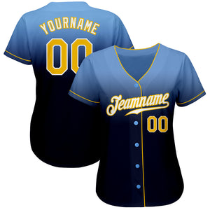 Custom Light Blue Gold-Navy Authentic Fade Fashion Baseball Jersey