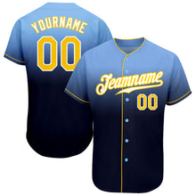 Load image into Gallery viewer, Custom Light Blue Gold-Navy Authentic Fade Fashion Baseball Jersey
