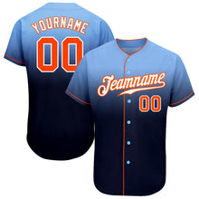 Load image into Gallery viewer, Custom Light Blue Orange-Navy Authentic Fade Fashion Baseball Jersey
