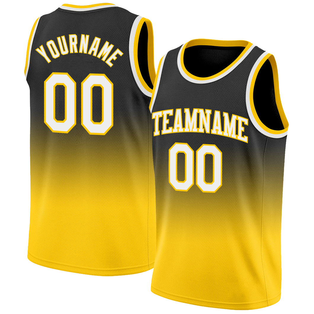 Custom Black White-Gold Authentic Fade Fashion Basketball Jersey