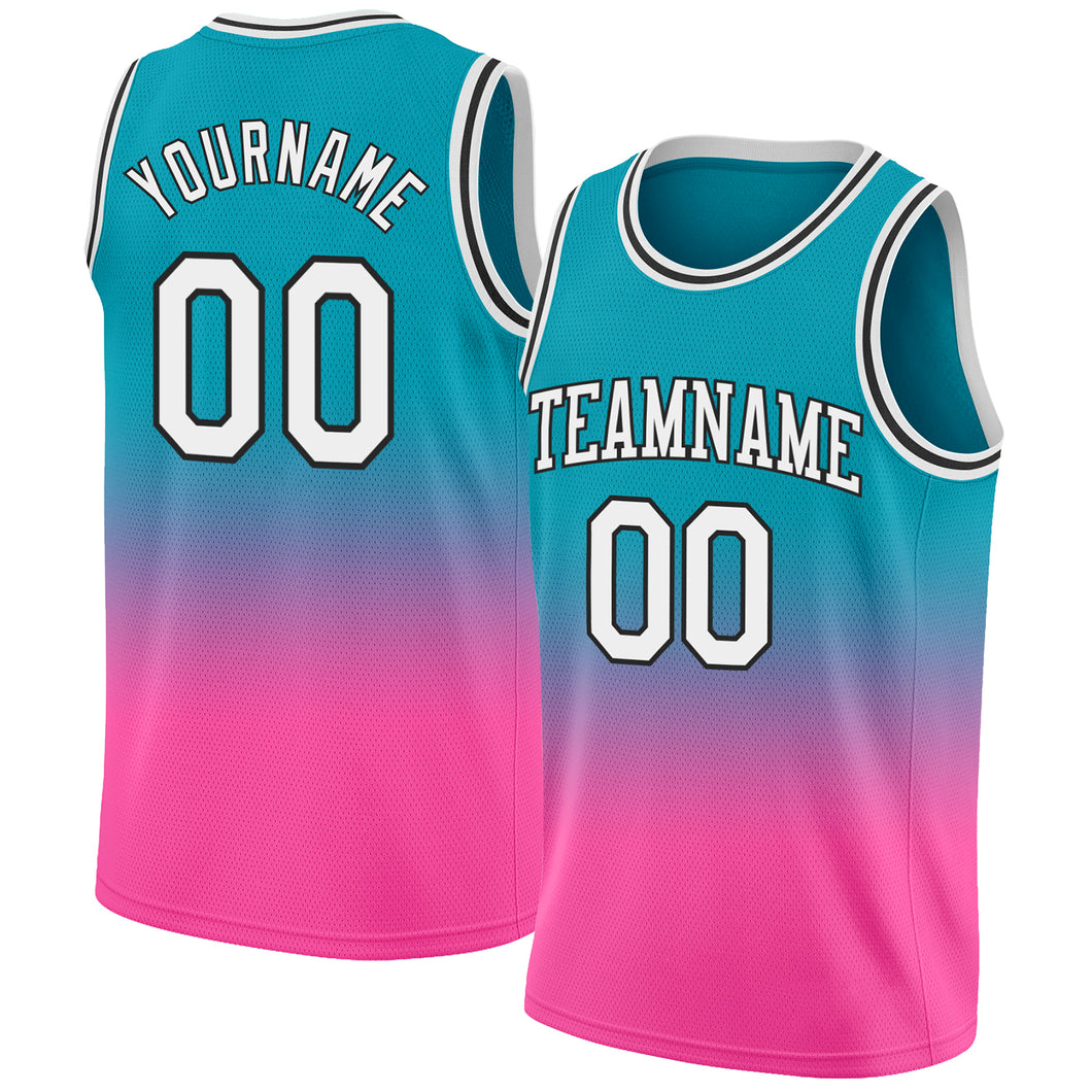 Custom Teal White-Pink Authentic Fade Fashion Basketball Jersey