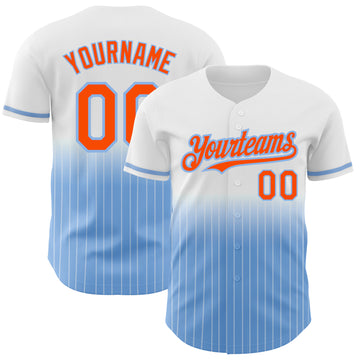 Custom White Pinstripe Orange-Light Blue Authentic Fade Fashion Baseball Jersey