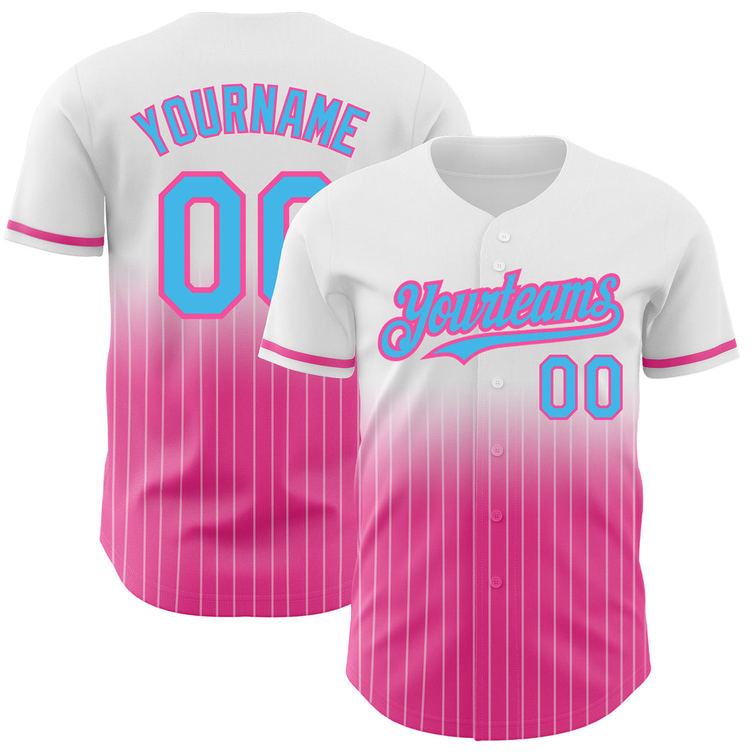 Custom White Pinstripe Sky Blue-Pink Authentic Fade Fashion Baseball Jersey