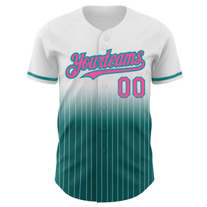 Custom White Pinstripe Pink-Teal Authentic Fade Fashion Baseball Jersey