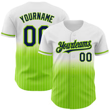 Load image into Gallery viewer, Custom White Pinstripe Navy-Neon Green Authentic Fade Fashion Baseball Jersey

