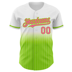 Custom White Pinstripe Pink-Neon Green Authentic Fade Fashion Baseball Jersey