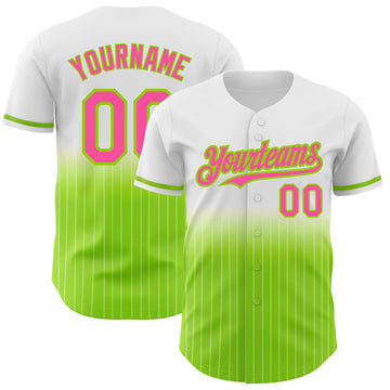 Custom White Pinstripe Pink-Neon Green Authentic Fade Fashion Baseball Jersey