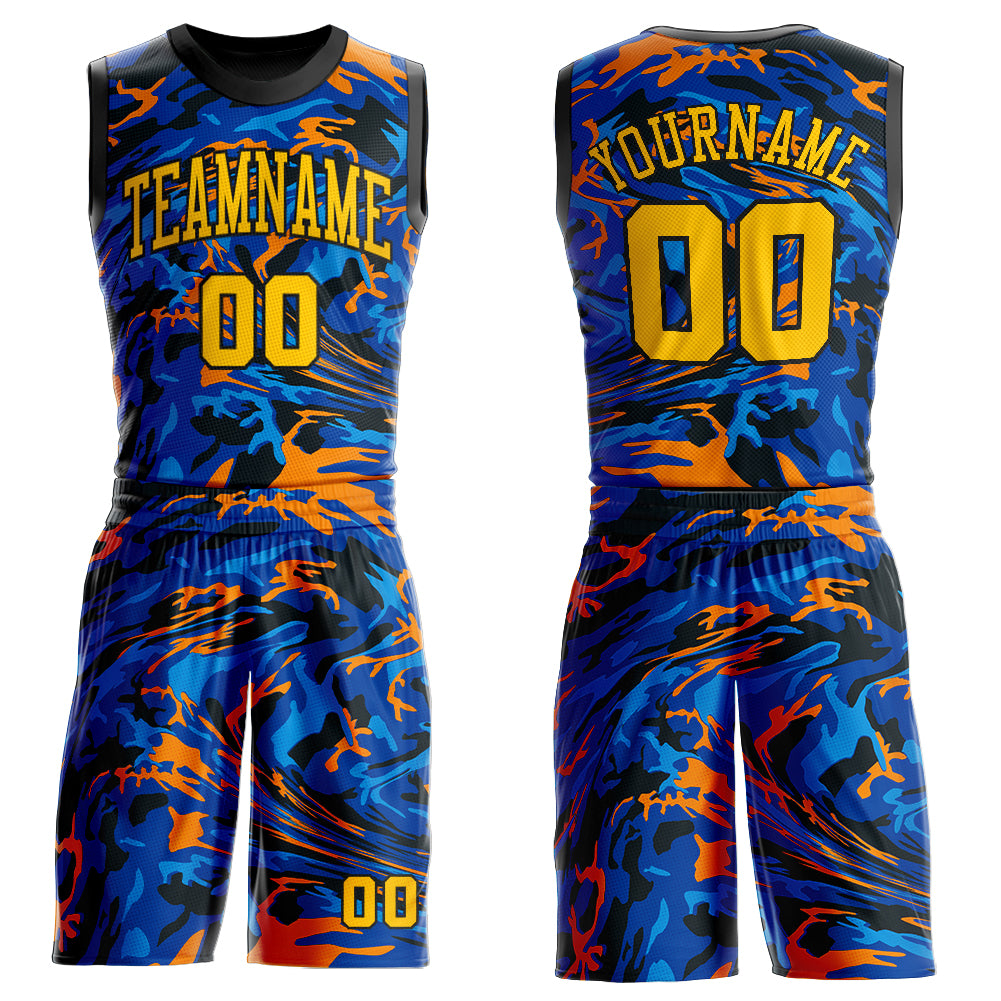 Custom Figure Gold-Royal Round Neck Sublimation Basketball Suit Jersey