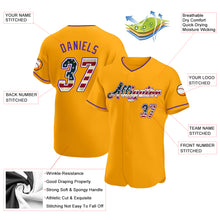 Load image into Gallery viewer, Custom Gold Vintage USA Flag-Purple Authentic Baseball Jersey
