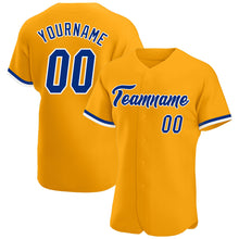 Load image into Gallery viewer, Custom Gold Royal-White Authentic Baseball Jersey
