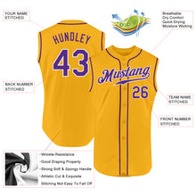Load image into Gallery viewer, Custom Gold Purple-White Authentic Sleeveless Baseball Jersey
