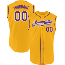 Load image into Gallery viewer, Custom Gold Purple-White Authentic Sleeveless Baseball Jersey
