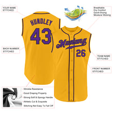 Load image into Gallery viewer, Custom Gold Purple-Black Authentic Sleeveless Baseball Jersey
