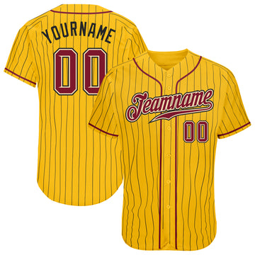 Custom Yellow Black Pinstripe Crimson-Cream Authentic Baseball Jersey