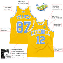 Load image into Gallery viewer, Custom Gold Light Blue-White Authentic Throwback Basketball Jersey

