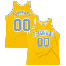 Load image into Gallery viewer, Custom Gold Light Blue-White Authentic Throwback Basketball Jersey
