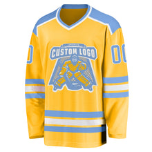 Load image into Gallery viewer, Custom Gold Light Blue-White Hockey Jersey
