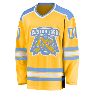 Custom Gold Light Blue-White Hockey Jersey