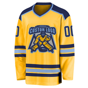 Custom Gold Navy-Light Blue Hockey Jersey