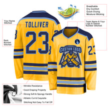 Load image into Gallery viewer, Custom Gold Navy-Light Blue Hockey Jersey
