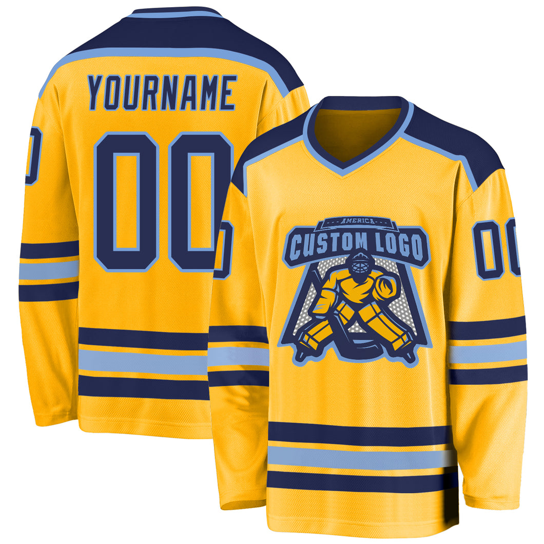 Custom Gold Navy-Light Blue Hockey Jersey