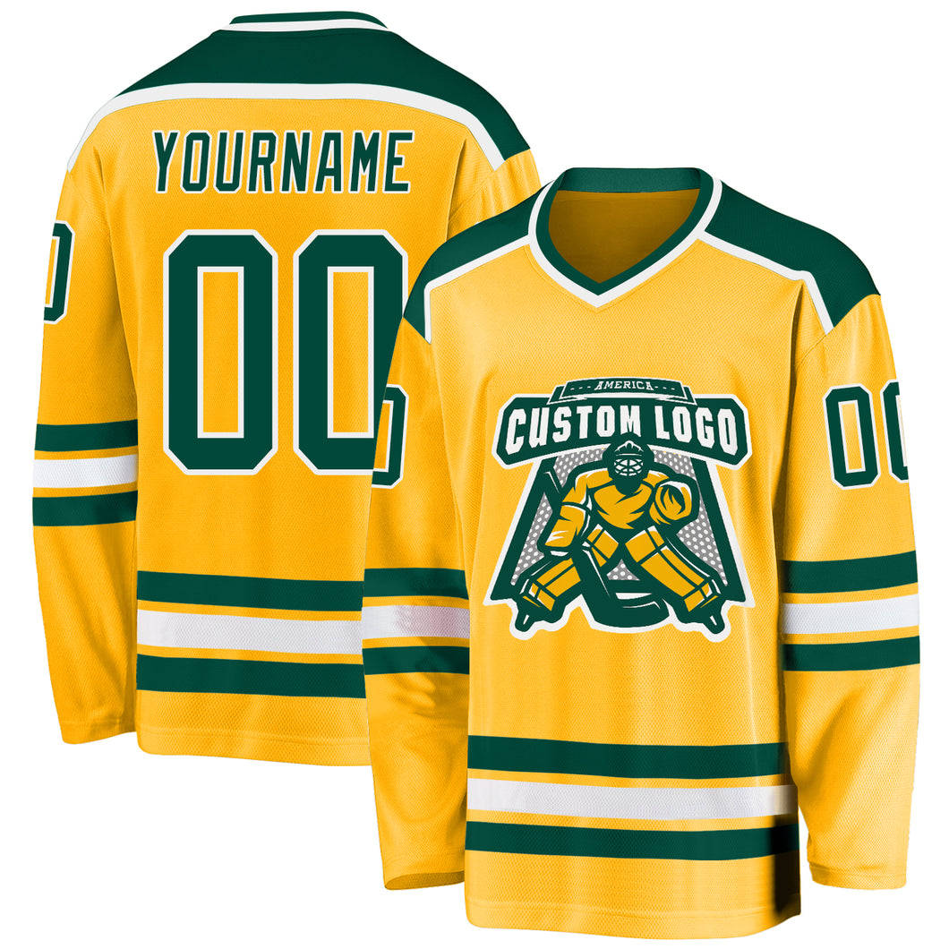 Custom Gold Green-White Hockey Jersey