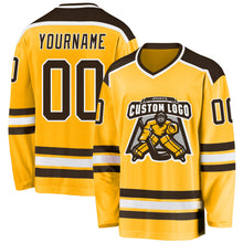 Load image into Gallery viewer, Custom Gold Brown-White Hockey Jersey
