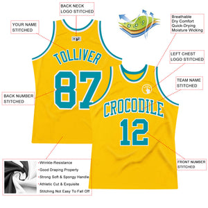 Custom Gold Teal-White Authentic Throwback Basketball Jersey