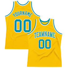 Load image into Gallery viewer, Custom Gold Teal-White Authentic Throwback Basketball Jersey
