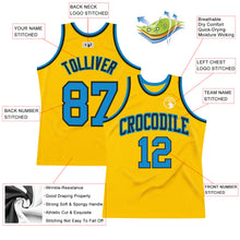 Load image into Gallery viewer, Custom Gold Blue-Black Authentic Throwback Basketball Jersey
