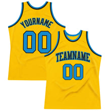 Load image into Gallery viewer, Custom Gold Blue-Black Authentic Throwback Basketball Jersey
