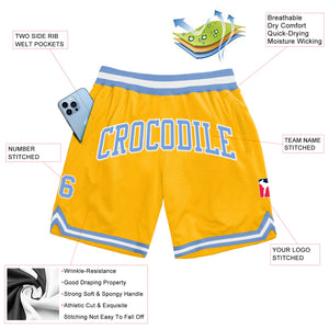 Custom Gold Light Blue-White Authentic Throwback Basketball Shorts