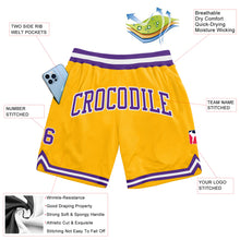 Load image into Gallery viewer, Custom Gold Purple-White Authentic Throwback Basketball Shorts
