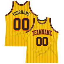 Load image into Gallery viewer, Custom Gold Black Pinstripe Black-Orange Authentic Basketball Jersey
